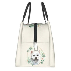 Westie Dog in Floral Wreath Lunch Bag Insulated Cooler Thermal Bento