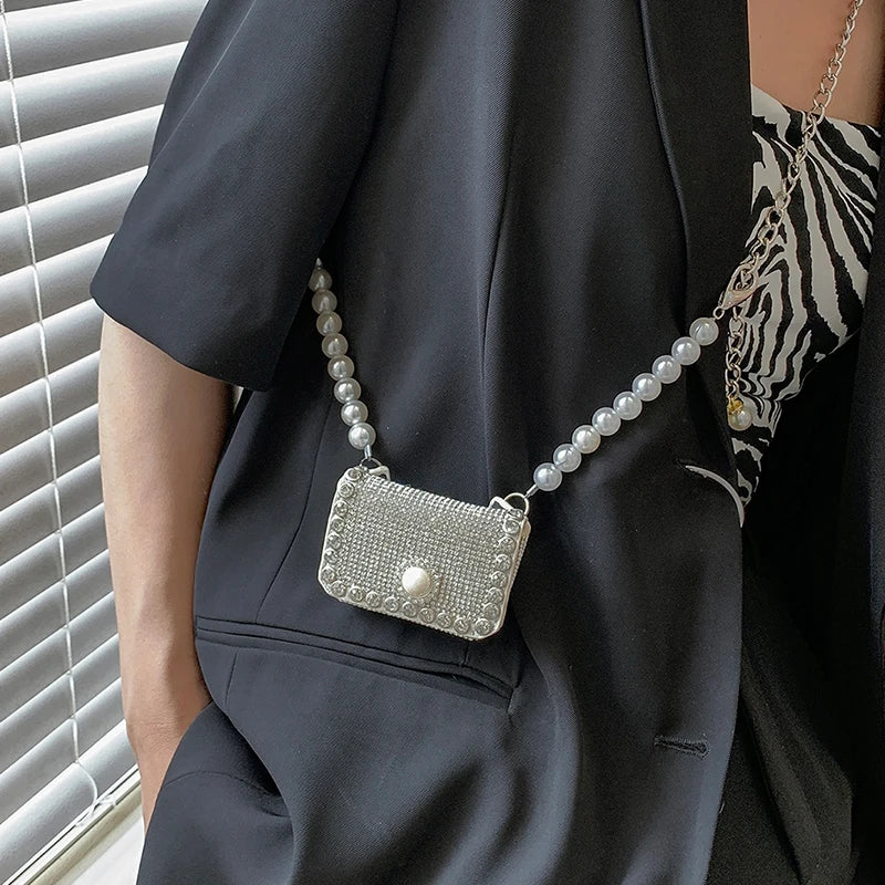 Western Style Mini Summer Diamond Shoulder Bag Women's Pearl Chain