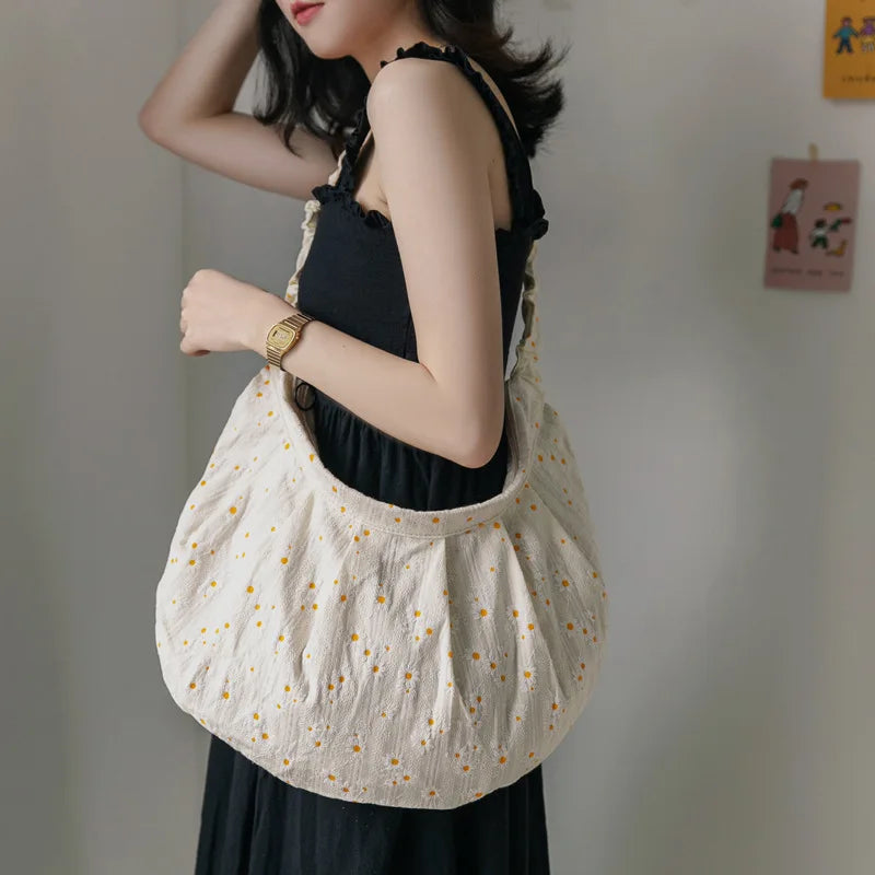 Women Canvas Shoulder Bags Daisy Floral Handbag Tote Casual Literary Books Bag