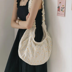 Women Canvas Shoulder Bags Daisy Floral Handbag Tote Casual Literary Books Bag