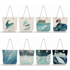 Whale Girl Sea Print Tote Bag Eco Friendly Portable Women Shoulder Bag