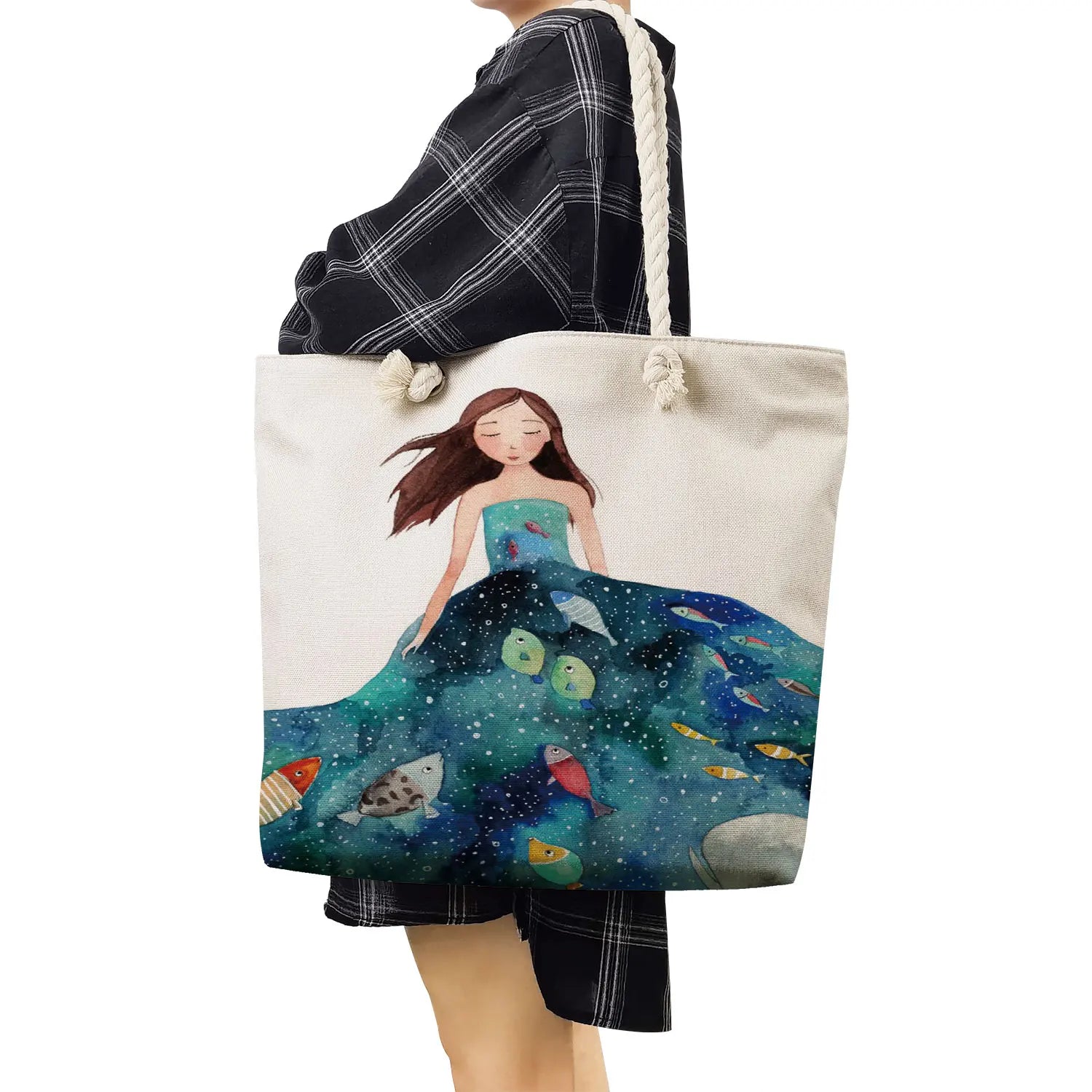 Whale Girl Sea Print Tote Bag Eco Friendly Portable Women Shoulder Bag