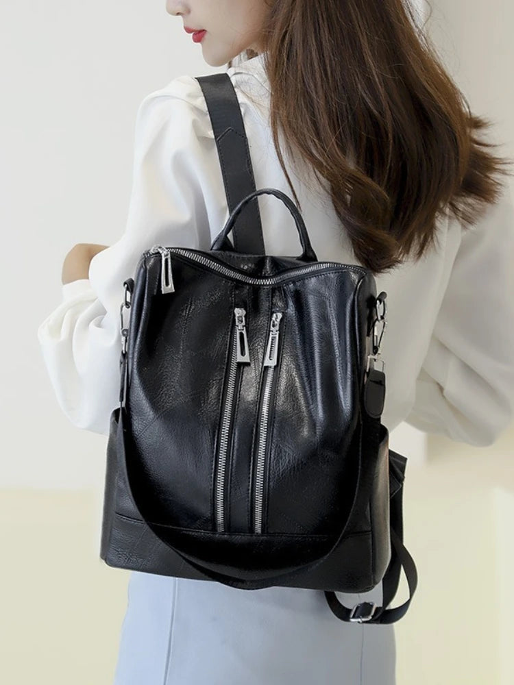 Women's Leather Travel Rucksack Shoulder Bag Waterproof Nylon Backpack