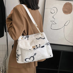 Heart Pattern Women Shoulder Female Winter Plush Underarm Tote Bags