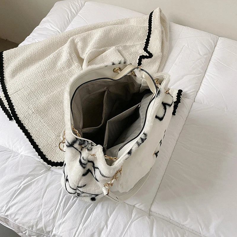 Heart Pattern Women Shoulder Female Winter Plush Underarm Tote Bags