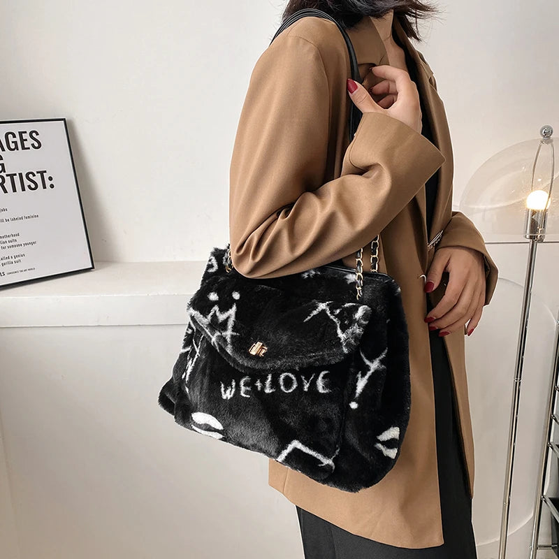 Heart Pattern Women Shoulder Female Winter Plush Underarm Tote Bags