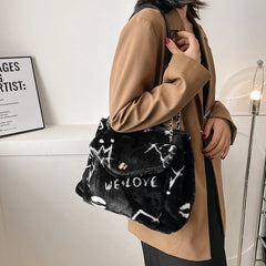 Heart Pattern Women Shoulder Female Winter Plush Underarm Tote Bags