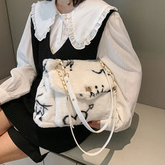 Heart Pattern Women Shoulder Female Winter Plush Underarm Tote Bags