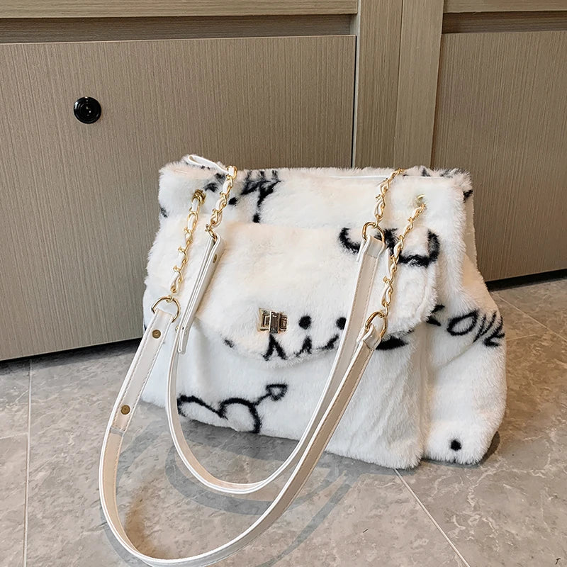 Heart Pattern Women Shoulder Female Winter Plush Underarm Tote Bags