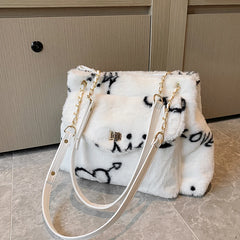 Heart Pattern Women Shoulder Female Winter Plush Underarm Tote Bags
