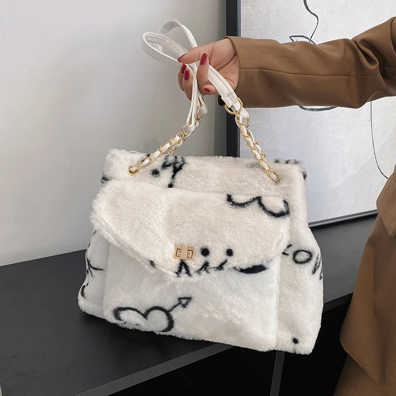 Heart Pattern Women Shoulder Female Winter Plush Underarm Tote Bags
