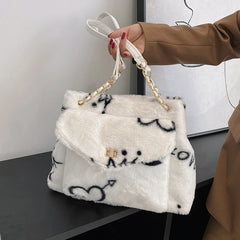 Heart Pattern Women Shoulder Female Winter Plush Underarm Tote Bags