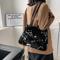 Heart Pattern Women Shoulder Female Winter Plush Underarm Tote Bags
