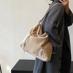 Plush Underarm Tote Bag Winter Shoulder Female PU Leather