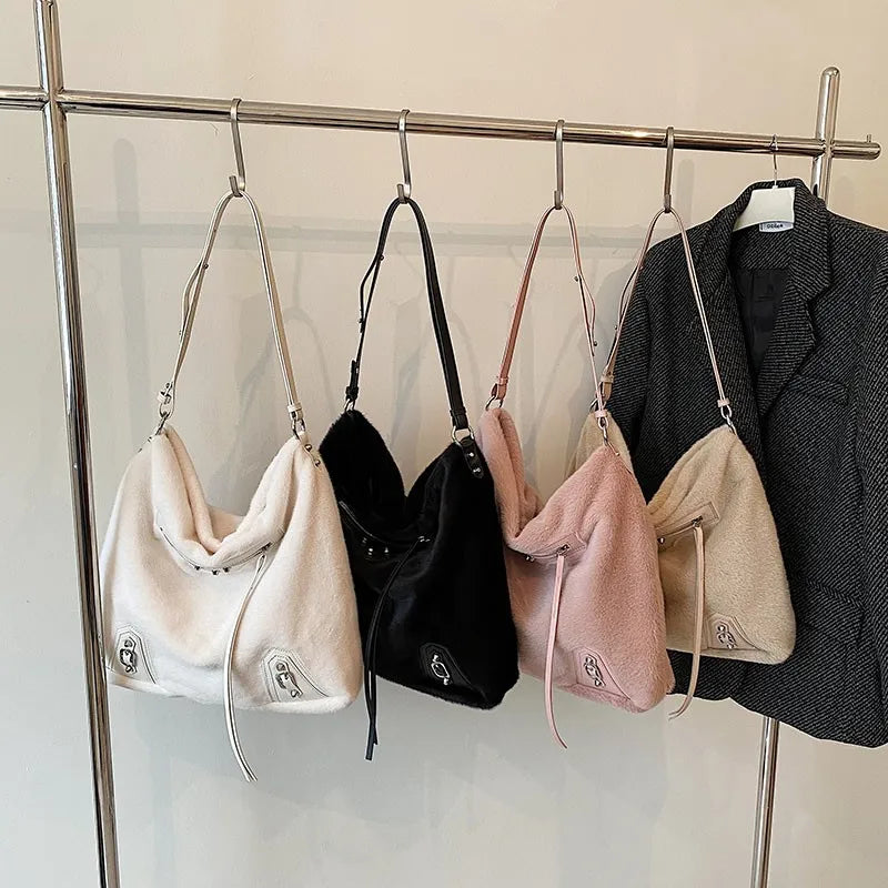 Plush Underarm Tote Bag Winter Shoulder Female PU Leather