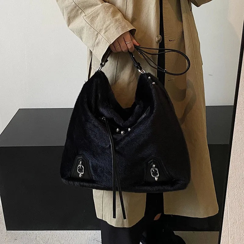 Plush Underarm Tote Bag Winter Shoulder Female PU Leather