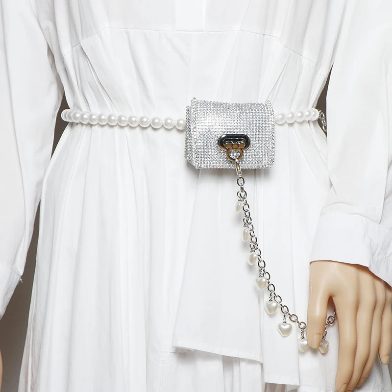 Pearl Chain Waist Belt Fanny Pack with Lipstick Bag