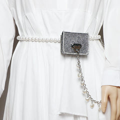 Pearl Chain Waist Belt Fanny Pack with Lipstick Bag