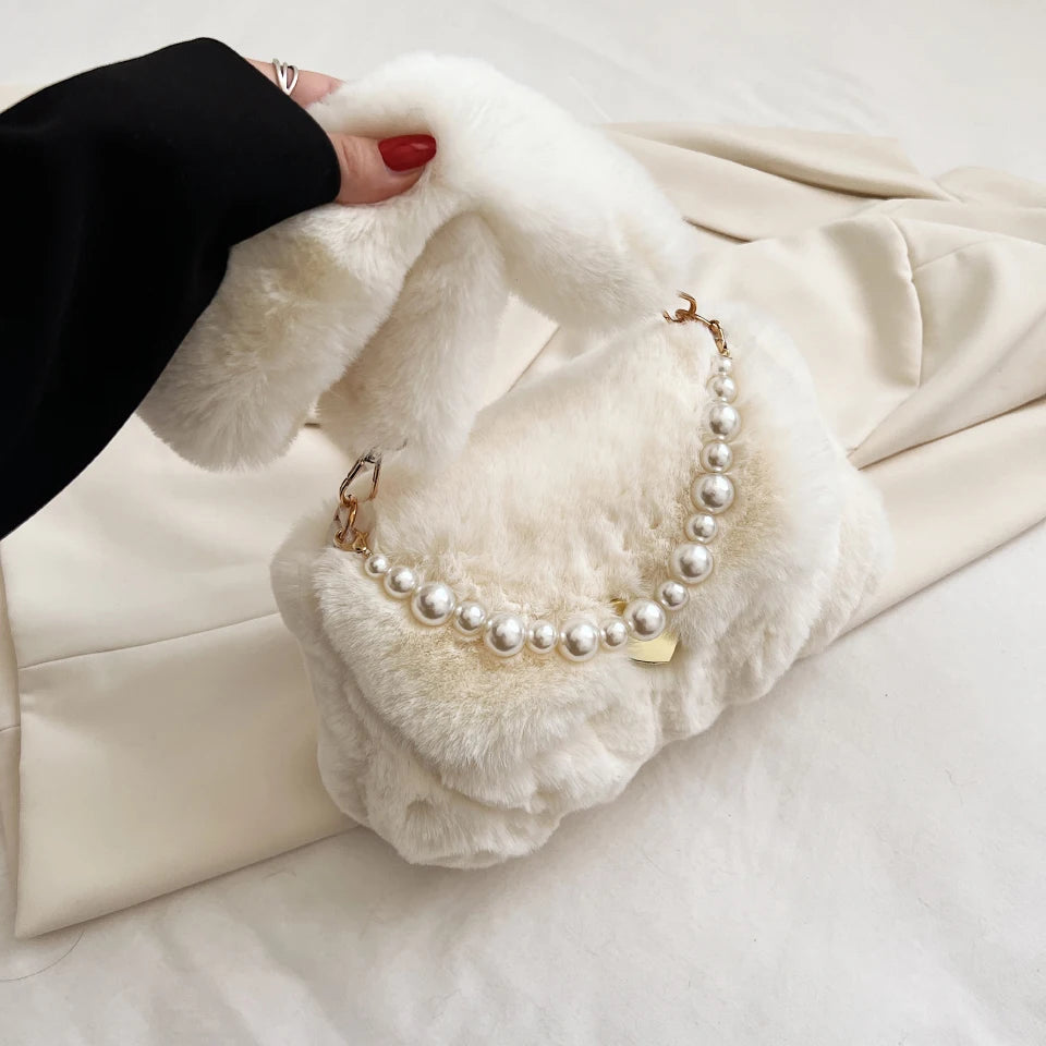 Plush Winter Shoulder Bag Small Purse Chains Beads Women Tote