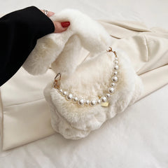 Plush Winter Shoulder Bag Small Purse Chains Beads Women Tote