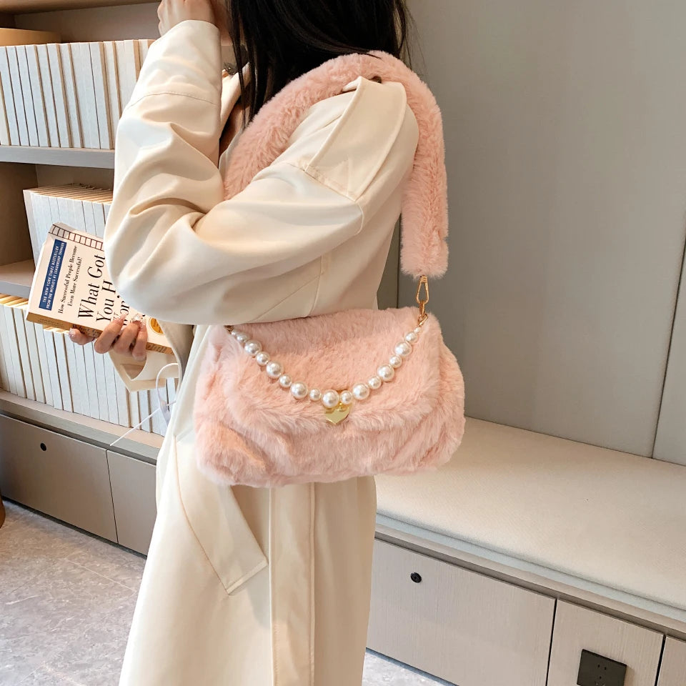 Plush Winter Shoulder Bag Small Purse Chains Beads Women Tote