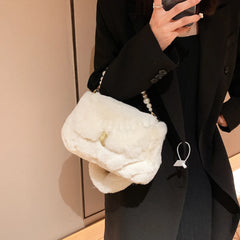 Plush Winter Shoulder Bag Small Purse Chains Beads Women Tote