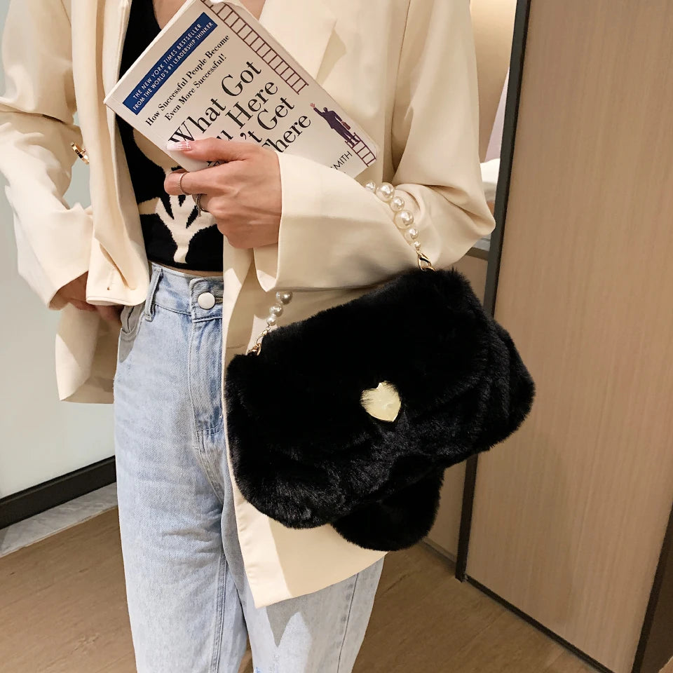 Plush Winter Shoulder Bag Small Purse Chains Beads Women Tote