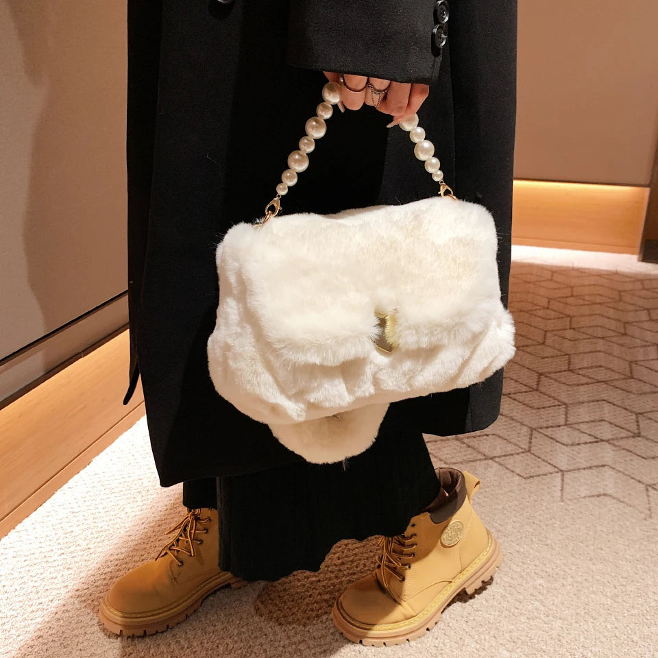 Plush Winter Shoulder Bag Small Purse Chains Beads Women Tote