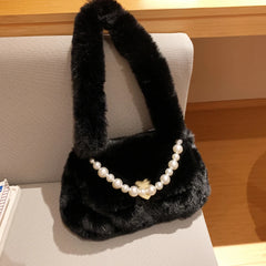 Plush Winter Shoulder Bag Small Purse Chains Beads Women Tote