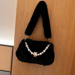 Plush Winter Shoulder Bag Small Purse Chains Beads Women Tote