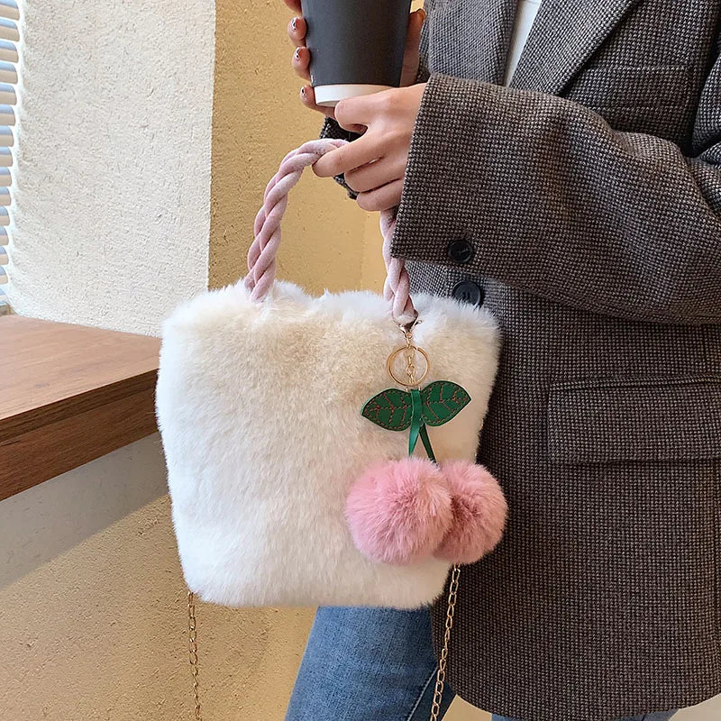 Plush Tote Bag Soft Furry Bags Handbag Cherry Fur Crossbody Shoulder Bags