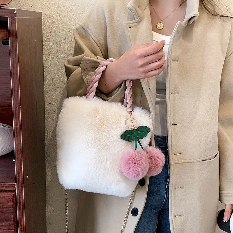 Plush Tote Bag Soft Furry Bags Handbag Cherry Fur Crossbody Shoulder Bags