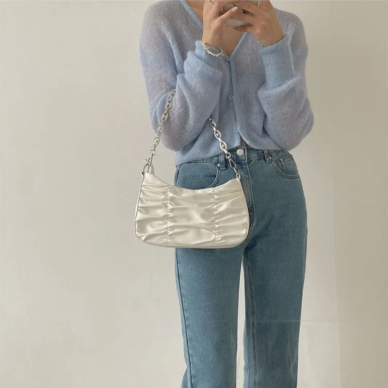 Pleated Shoulder Bag for Women Chain Handbag Zipper Texture PU Leather
