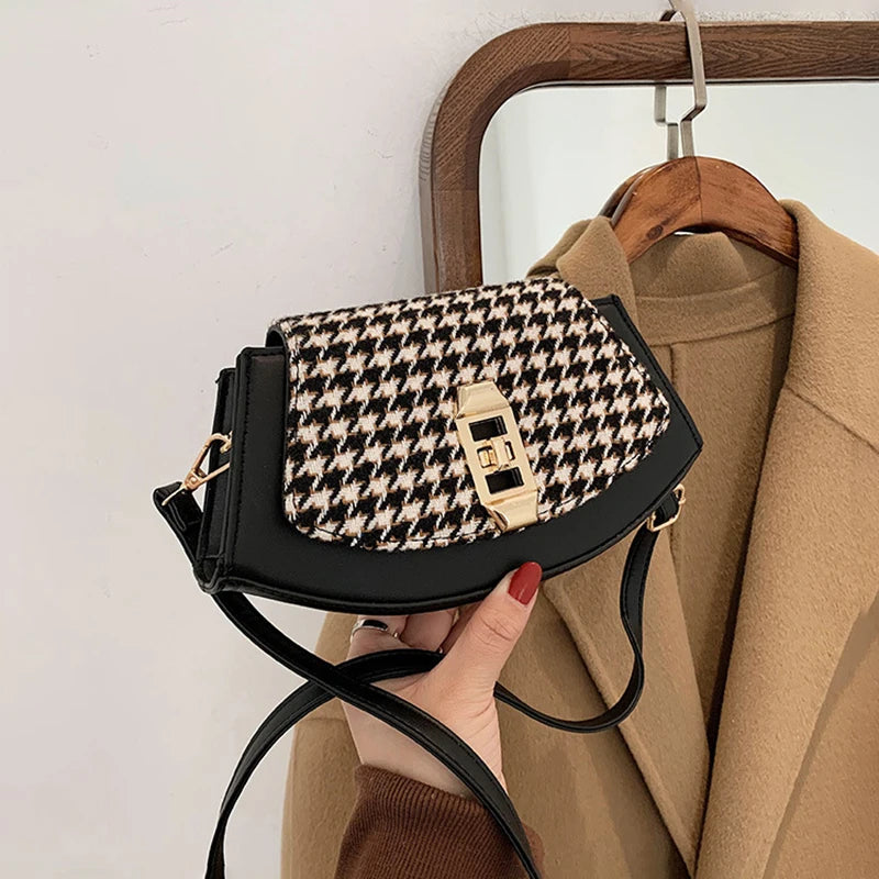Houndstooth Messenger Bag Retro PU Shoulder Bag for Women