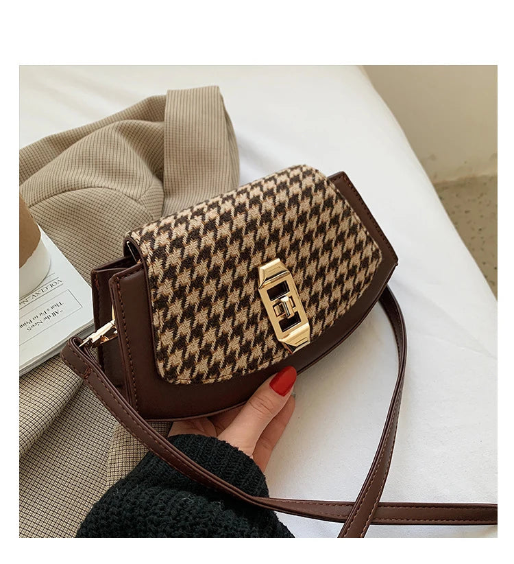Houndstooth Messenger Bag Retro PU Shoulder Bag for Women