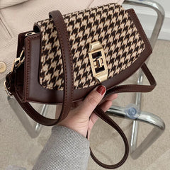 Houndstooth Messenger Bag Retro PU Shoulder Bag for Women
