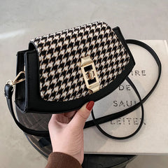 Houndstooth Messenger Bag Retro PU Shoulder Bag for Women