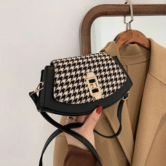 Houndstooth Messenger Bag Retro PU Shoulder Bag for Women