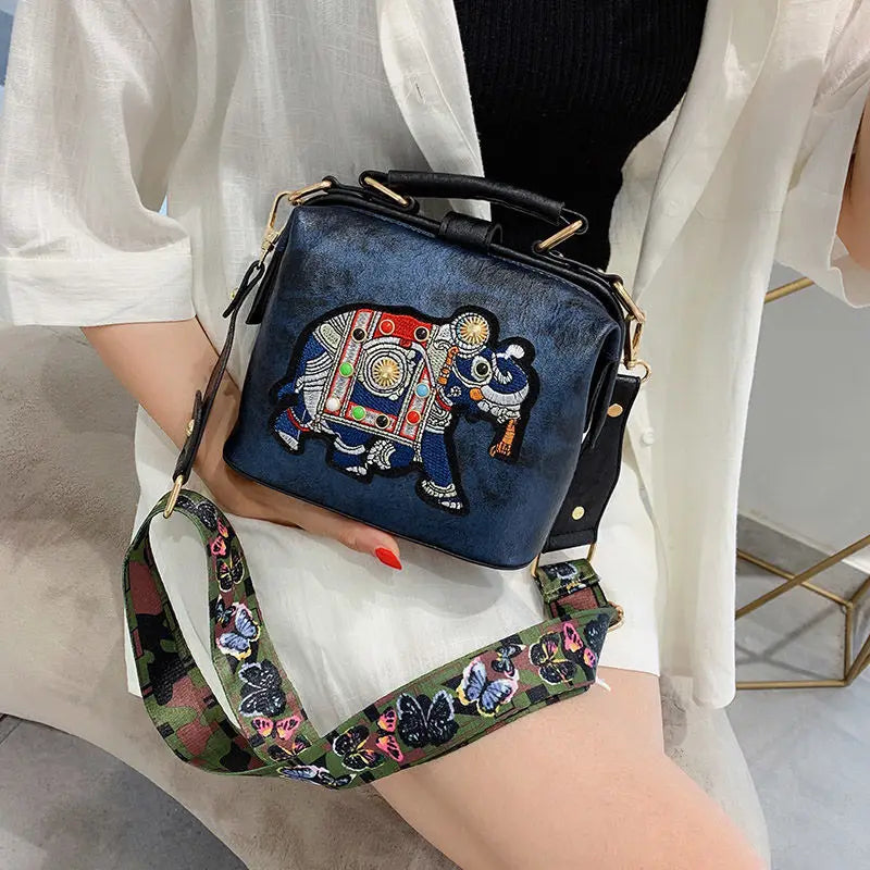 Embroidered Elephant Crossbody Bag Vintage PU Leather Women's Handbag