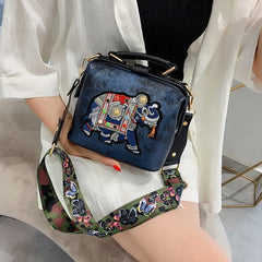 Embroidered Elephant Crossbody Bag Vintage PU Leather Women's Handbag
