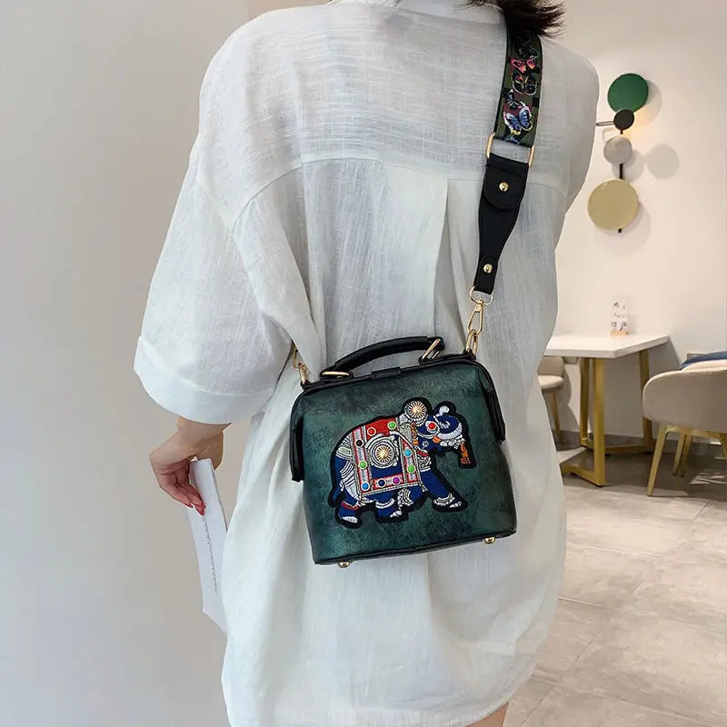 Embroidered Elephant Crossbody Bag Vintage PU Leather Women's Handbag