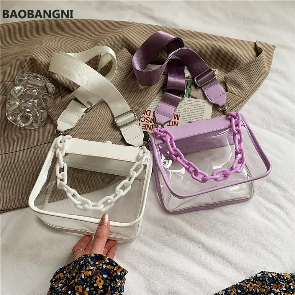 Wide Shoulder Strap Transparent Pvc Crossbody Bag Women Pu Acrylic Chain