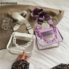 Wide Shoulder Strap Transparent Pvc Crossbody Bag Women Pu Acrylic Chain