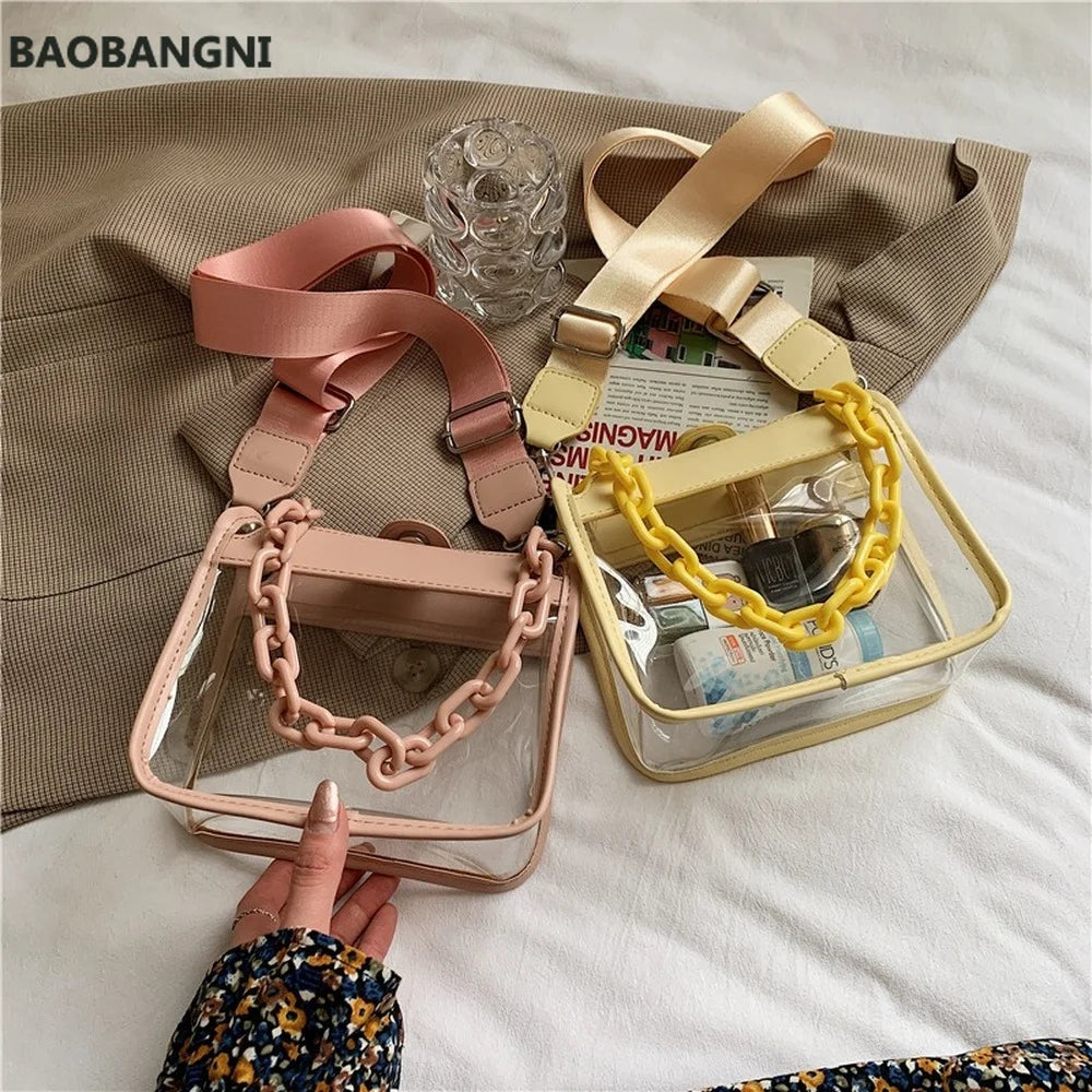 Wide Shoulder Strap Transparent Pvc Crossbody Bag Women Pu Acrylic Chain