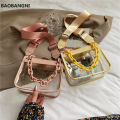 Wide Shoulder Strap Transparent Pvc Crossbody Bag Women Pu Acrylic Chain
