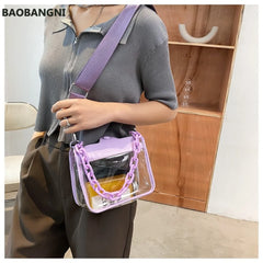 Wide Shoulder Strap Transparent Pvc Crossbody Bag Women Pu Acrylic Chain