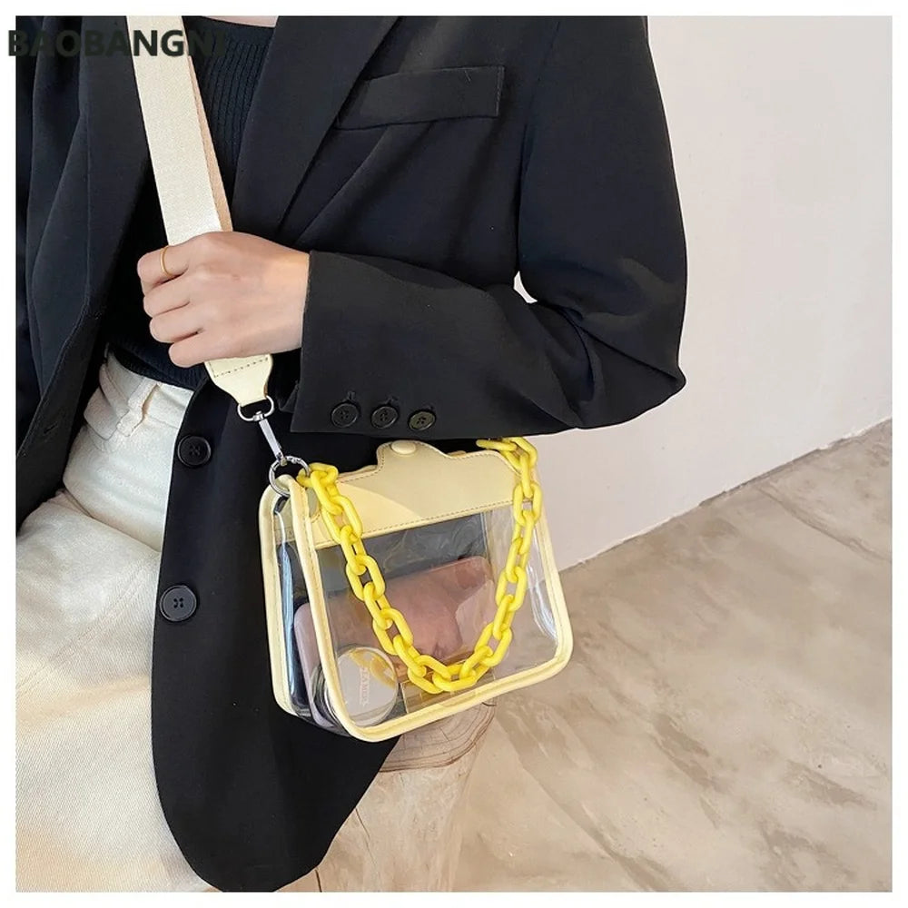 Wide Shoulder Strap Transparent Pvc Crossbody Bag Women Pu Acrylic Chain