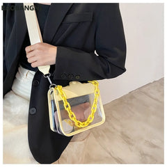 Wide Shoulder Strap Transparent Pvc Crossbody Bag Women Pu Acrylic Chain