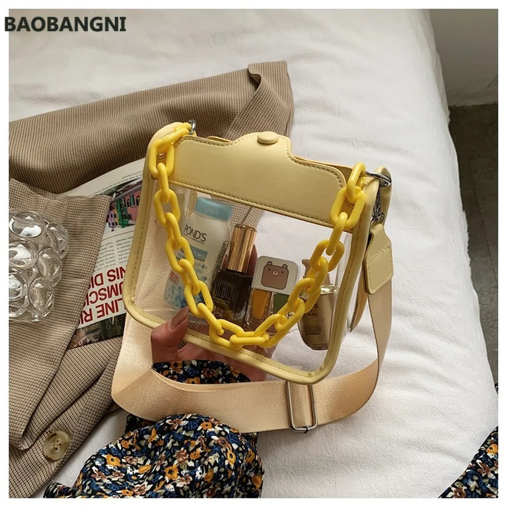 Wide Shoulder Strap Transparent Pvc Crossbody Bag Women Pu Acrylic Chain