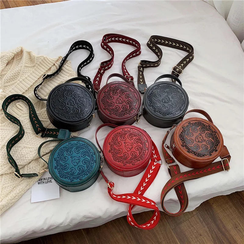 Embossed Flowers Crossbody Bag Round Handbag Wallet